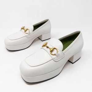 Gucci Houdan Horsebit Platform Loafers White Leather Womens Size EU 36